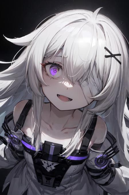 white hair, long hair, bandage over one eye, purple eyes, (glowing eyes:1.1), x hair ornament, bare shoulders, empty eyes, shaded face, from above, dutch angle
from behind, shaft look, head tilt, looking at viewer, :d, (bags under eyes:1.1), (wide-eyed:1.2), spread arms, detached sleeves, sleeves past fingers
upper body, purple lines, abstract background, geometric background, mature female
 <lora:21-31(3):1>