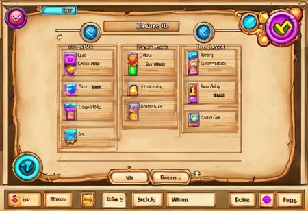 Game upgrade buy menu screen, GUI, buttons, text field,