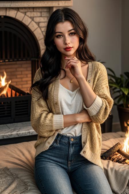 photo of (EPRbyH3xx:0.99), closeup portrait, perfect hair, (modern photo, Harvest Gold Aran sweater cardigan paired with a lace-trimmed camisole and jeans with ballet flats), 24mm, (analog, cinematic, film grain:1.3), ((laundry room, bed, marble stone,jacquard weave tapestry, fire pit,campfire, pin spot lighting, gradient:1.1)), ((detailed eyes)), ((eyeliner, long lashes)), (paw pose), (epicPhoto), long eyelashes, (perfect waist), (painted lips)