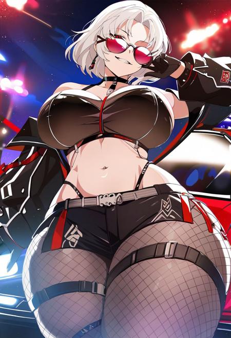 score_9, score_8_up, score_7_up, source_anime BREAK 1girl, <lora:drake-nikke-richy-v1_pdxl:1> drakercr, short hair, white hair, red eyes, huge breasts, earrings, x hair ornament, sunglasses, tinted eyewear, looking over eyewear, black jacket, off shoulder, choker, crop top, midriff, navel, black shorts, fishnet pantyhose, black gloves, thigh strap, wide hips, from below, smirk, lamborghini, car, night, dark, darkness, night sky