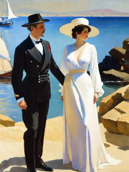 <lora:JohnSingerSargent:1><lora:JohnSingerSargent:1>a painting of a man and a woman standing next to each other in front of a body of water by John Singer Sargent