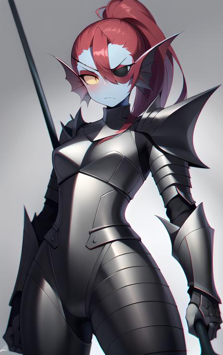 masterpiece, best quality, perfect face, black sclera:, 1girl, solo, <lora:Undyne_v1:1>, undyne the undying, (armor:1.6), black armor, spiked armor, blue body, blue skin, fish, sharp teeth, spear, weapon, polearm, black background, frown, serious, glowing eye