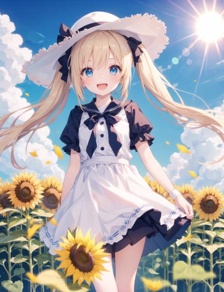 cute little girl,,solo,wind,pale-blonde hair, blue eyes,very long twintails,white hat,blue sky,laugh,double tooth,,lens flare,dramatic, coastal,
flying petal, flowery field, sky, sun,field, sunflower, masterpiece, best quality,