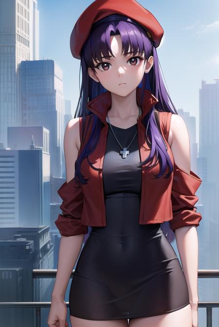 misatokatsuragi, <lora:misatokatsuragi-lora-nochekaiser:1>,
misato katsuragi, long hair, (brown eyes:1.5), blue hair, (purple hair:1.2),
BREAK hat, dress, bare shoulders, jewelry, jacket, earrings, open clothes, sleeveless, necklace, black dress, open jacket, sleeveless dress, beret, short dress, cross, red headwear, (red jacket:1.5), cross necklace,
BREAK outdoors, city,
BREAK looking at viewer, (cowboy shot:1.5),
BREAK <lyco:GoodHands-beta2:1>, (masterpiece:1.2), best quality, high resolution, unity 8k wallpaper, (illustration:0.8), (beautiful detailed eyes:1.6), extremely detailed face, perfect lighting, extremely detailed CG, (perfect hands, perfect anatomy),