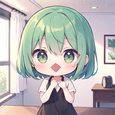 open mouth, 1girl, (chibi:1.4), smile, closed mouth, upper body, standing, , green hair, indoors
<lora:squaremouth_v100:1>