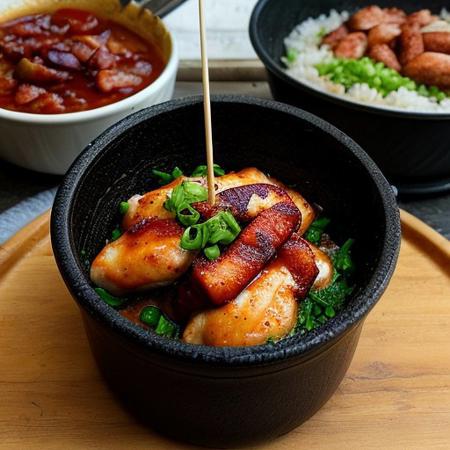 A traditional claypot filled with fragrant rice cooked over a charcoal fire, topped with marinated chicken, Chinese sausage, salted fish, and dark soy sauce. The rice at the bottom is slightly charred, adding a smoky flavor, served in a rustic street food setting.