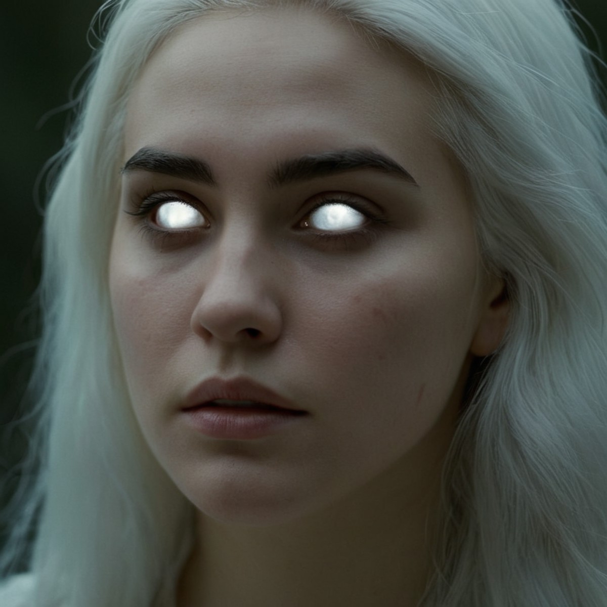 cinematic film still of  <lora:white sclera v2:1> glowing white sclera iris eyes
a white eyes woman with long white hair a...