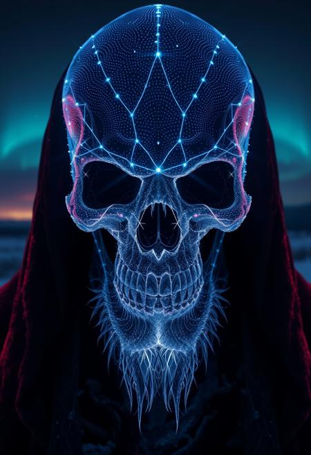 A symmetric portrait of a male, evil frozen Skeletor, features dissolving into frozen magic thin, luminescent blue lines. Weighted Voronoi stippling and laser caustics create a network, transitioning from hyperrealistic detail to abstract, quantum-inspired forms. Ethereal hues blend, evoking existential transition and mystery. Close-up on face, evil skull partially visible. Set against a twilight arctic backdrop, icy winds ripple through his tattered robes. Rendered in a fusion of photorealism and digital surrealism, the scene is illuminated by ghostly Northern Lights. Emphasis on cold, menacing atmosphere, invoking Nordic myths