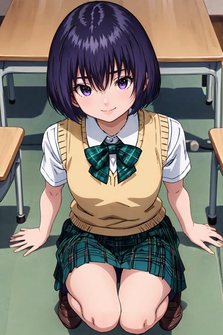 (masterpiece, best quality:1.2), highres, anime screencap, anime coloring, 1girl, solo, happy, seductive smile, 
Yui_Minamito, purple hair, short hair, bob cut, bangs, hair between eyes, purple eyes, flat chest, 
school uniform, yellow vest, sweater vest, white shirt, collared shirt, short sleeves, green bowtie, green skirt, plaid skirt, pleated skirt, white socks, loafers, white panties, 
squatting on floor,
indoors, classroom, looking at viewer, from above, 
<lora:add_detail_CyberAlchemist:0.4>, <lora:GoodHands-beta2:0.8>, <lora:YuiMinamito-000010:1>,