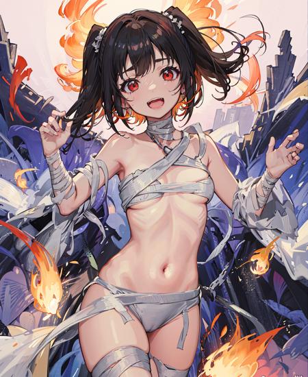 long_hair,bandaged_arm, bandaged_leg, bandages, fire, naked_bandage, sarashi, bandaged_head, bandaged_neck, mummy_costume, budget_sarashi, 1girl, black_hair, orange_flower, fiery_hair, lantern, open_mouth, solo, flame, red_eyes,bandaid, explosion, collarbone, smile, burning,naked bandage,  <lora:NakedBandageV1:1>