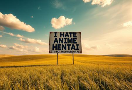 In the middle of an expansive and undulating field, a solitary sign stands defiantly against the backdrop of a vibrant sky. The sign, weathered yet sturdy, bears a bold proclamation: “I HATE ANIME AND HENTAI,” rendered in striking letters that seem to resonate with a passion that transcends mere words. Beneath this audacious statement, the phrase “IT'S NOT THE FUTURE, OR AI” is inscribed, challenging the viewer to ponder the implications of technology and culture. The rich textures of the sign contrast sharply with the lush greenery surrounding it, creating a visual masterpiece that captures the essence of a modern-day debate.
As sunlight bathes the scene in warm hues, the high-resolution details come to life—each blade of grass sways gently in the breeze, and the clouds overhead drift lazily, as if contemplating the sign’s provocative message. This UHD, 8K image invites the onlooker to reflect on the nuances of art and expression, sparking conversations about the nature of creativity in a rapidly evolving world. In this serene landscape, the sign stands as a bold testament to individuality and the diverse opinions that shape our cultural landscape, merging simplicity with depth—a true masterpiece in its own right.