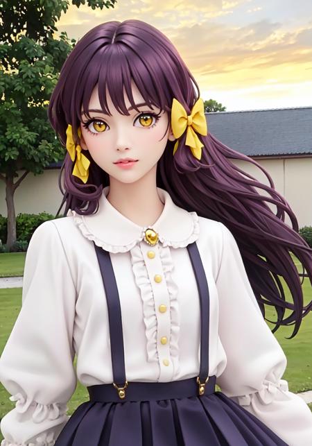 Enjel broach, white shirt, overalls, hair bow, purple skirt yellow eyes, purple hair