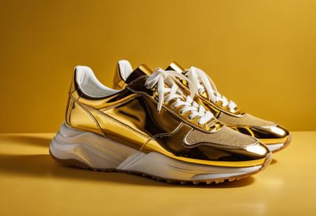 A high-gloss photo of a pair unique, high-end sneakers on display. The sneakers are adorned with luxurious materials. The image is cinematic, close-up, and raw, with a yellow background. The setting gives off a luxurious and exclusive vibe, resembling a high-fashion photoshoot.