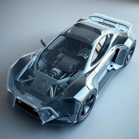 the car is made of carbon tubes, has hexagonal body elements, covered with transparent matte plastic, the insides and engine of the car are visible through the plastic, many pipes and wires are also visible along with the body tubes