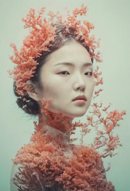 Surreal double exposure concept of feminine russian japanese woman silhouette sculpted from cornucopia of coral, underwater plant and fishes, artfully arranged for provocative whimsy, hues and rich textures