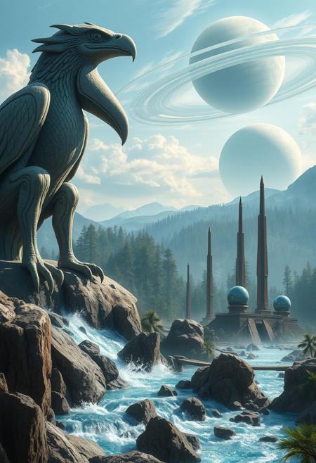 a giant alien, avian statue, with a sharp beak and eagle eyes, its clawed feet astride a fast flowing blue river with spray rising from jagged rocks, guards a valley. In the near distance several structures, tall narrow spires topped with large egg shaped crystal houses. On the horizon a giant ringed planet, its atmosphere a swirl of blues and greens, rises over an alien forest