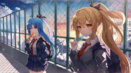 high quality, best quality, by jlt4n, nanashi mumei, ouro kronii, virtual youtuber, brown hair, multiple girls, 2girls, popsicle, red necktie, fence, hair intakes, bangs, ponytail, necktie, ahoge, shirt, long hair, hair ornament, collared shirt, streaked hair, brown eyes, food, white shirt, school uniform, chain-link fence, short hair, bow earrings, blue hair, multicolored hair, plaid skirt, bag, earrings, blue eyes, looking at viewer, skirt, feather hair ornament, very long hair, hairclip, jewelry, jacket, plaid, feathers, cardigan, alternate costume, bow, outdoors, sky, cloud, pleated skirt, backpack, blue skirt, cityscape, holding,  <lora:jlt4n:1>