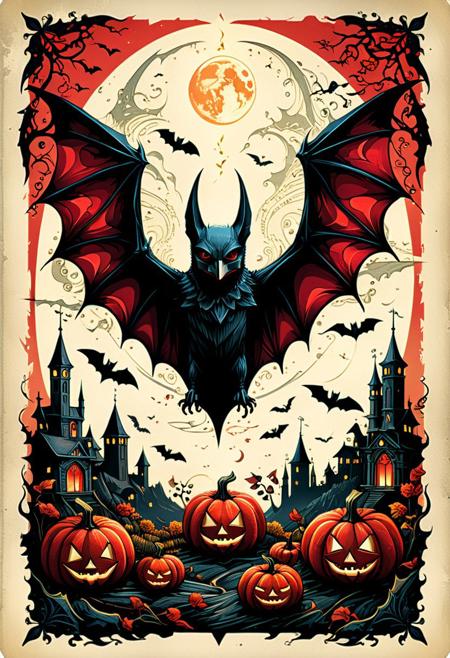 pen and ink, liquid ink, best quality, double exposure, vintage triadic red colors, "THE BAT" tarot card, eerie and detailed image, Craola, Dan Mumford, Andy Kehoe, 2d, plan, vintage, art in cracked paper, patchwork, detailed storybook illustration, cinematic, ultra highly detailed, mystical, luminism, vibrant colors, complex background<lora:xl_more_art-full_v1:0.5>, halloween, pumpkins, candles