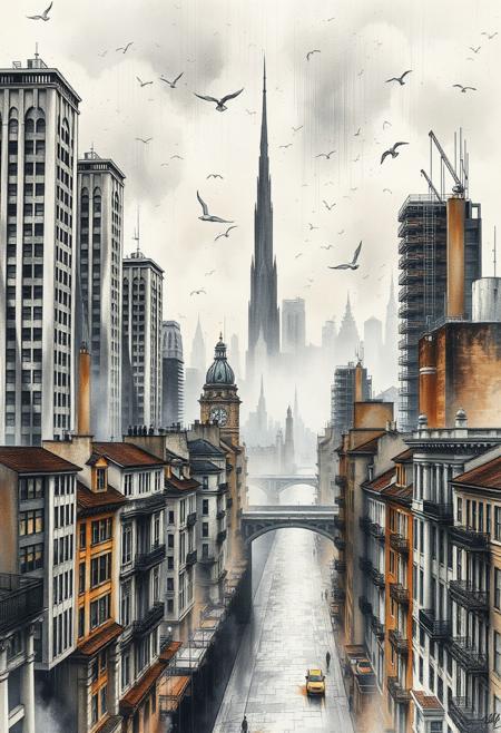 A surreal cityscape rendered in flowing watercolor and ink spreads across a canvas of mist and metal. Skyscrapers shimmer in soft brushed silver, their forms broken and reassembled into gothic echoes—windows like hollow eyes, rooftops bristling with delicate ironwork. Interwoven through the steel skeletons are streaks of walnut brown, like veins of old wood clinging to modernity. Rain has just fallen, and ink-bleed reflections pool on worn stone streets. A lone towering structure dominates the skyline—an imposing silhouette wrapped in fog, its spire vanishing into the clouds. Birds in chaotic motion scatter across the sky, dissolving into abstract lines as they ascend. The composition breathes mystery, with negative space and delicate line work creating a sense of both expansion and isolation. Every brushstroke feels deliberate, fragile yet bold, blending the ancient techniques of East Asian ink painting with a contemporary, dystopian dream.