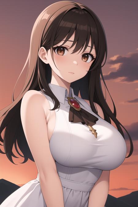 masterpiece,best quality,1girl,brown eyes,white dress,sleeveless,brooch,upper body,crimson sky,large breasts,cowboy shot