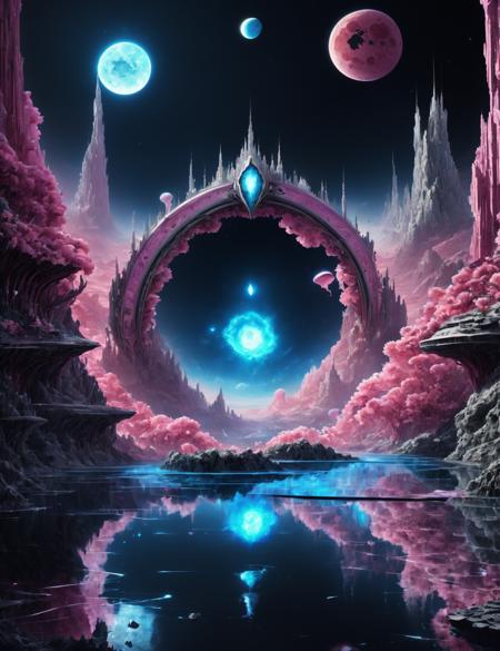 ((best quality)), ((masterpiece)), ((realistic,digital art)), (hyper detailed),DonMR0s30rd3r  Dream World Anemone,Crescent Moon Phase,Subterranean Lake, octane rendering, raytracing, volumetric lighting, Backlit,Rim Lighting, 8K, HDR <lora:DonMR0s30rd3r-000010:1>