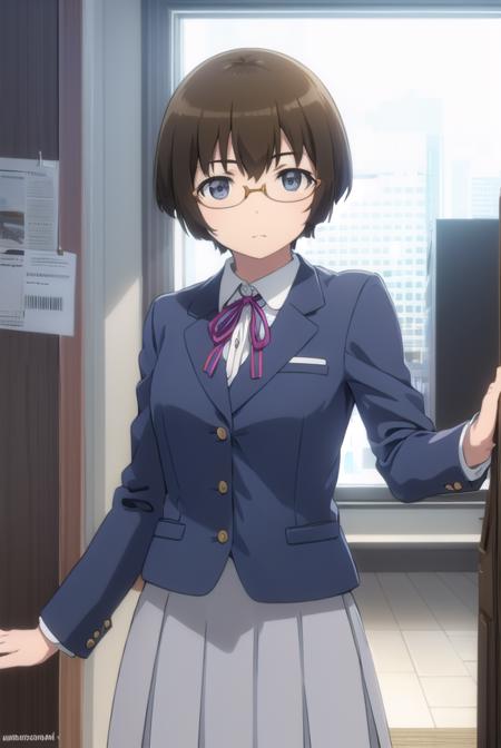 manamitamura, <lora:manami tamura s2-lora-nochekaiser:1>,
manami tamura, short hair, brown hair, (grey eyes:1.3), glasses,
BREAK skirt, school uniform, jacket, blazer, grey skirt,
BREAK indoors, classroom,
BREAK looking at viewer, (cowboy shot:1.5),
BREAK <lyco:GoodHands-beta2:1>, (masterpiece:1.2), best quality, high resolution, unity 8k wallpaper, (illustration:0.8), (beautiful detailed eyes:1.6), extremely detailed face, perfect lighting, extremely detailed CG, (perfect hands, perfect anatomy),