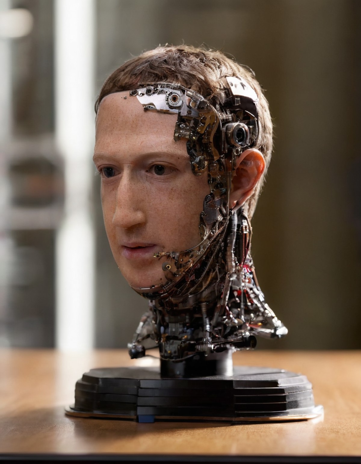 Hasselblad, fujifilm DSLR photo from above of (ohwx man, Mark Zuckerberg cyborg detached head on a tabletop stand, skin, b...