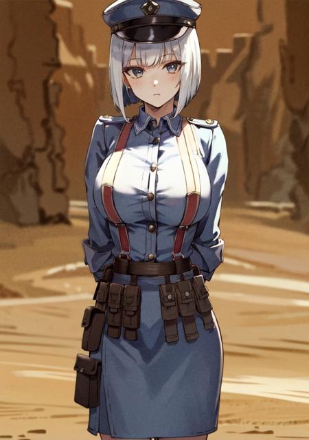 (masterpiece), best quality, 1 girl,solo, large breasts, looking at viewer,  white hair, bob cut, short hair,  looking at viewer,  gallia_uniform,  <lora:gallia_uniform_80:0.6>, cowboy shot,  pouch, desert, close-up,  arms behind back,