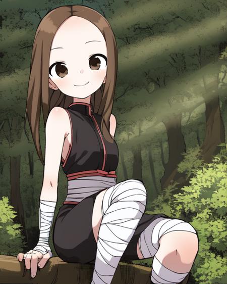 <lora:Yamamoto:1.1>
(solo)
(1girl)(forehead:1.2), forest background,
long brown hair, brown eyes, kunoichi outfit, bandaged arms, bandaged legs, smile, v arms