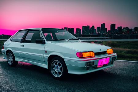 A {white|black|red|blue|pink) car is parked by the road :: pink sunset and city in the background :: 1980 :: Luxyry style :: Hyperdetailed : Ultra realistic :: cinematic :: Neon lighting :: Unreal engine :: RTX --ar 2:3, (VAZ2113),  <lora:VAZ2113:0.8>