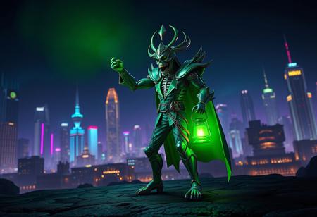 expert Intricate A Fossil Warrior Skull King, in a green and silver suit, stands on a dark cityscape surface. He holds a vibrant green glowing lantern in his right hand, casting a powerful light. Behind him, a futuristic metropolis glows with deep blue and purple neon, creating dramatic contrast against the night sky. Dynamic isometric pose, low angle cinematic shot with sharp focus, strong side rim lighting, golden ratio composition. Matte painting, Splash Ink Illustration, Octane Render, Unreal Engine 5, Raphael Style, Houdini Style, CGSociety, trending on Artstation. Hyperdetailed, stunning quality, vibrant colors, visionary art by Eric Zener and Elson.