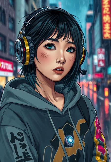 Half-Japanese female hacker. More Caucasian with freckled nose and cheeks. Teal lipstick. Aged 28. Cyberpunk clothing. Hi tech chrome and carbon fibre one eared headset. Bold graphic styled Hoodie with Japanese lettering down a sleeve and a bold golden stripe down each sleeve   The girls eye pupils have swirling Galaxy of stars and specks floating in a nebula pattern   Posed in front of a Rainy city at nite