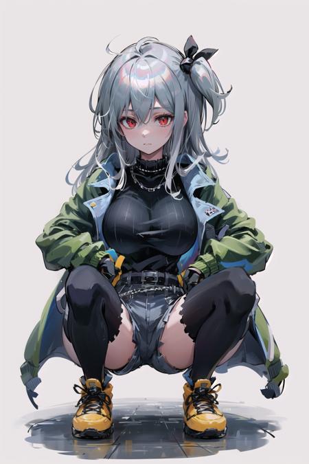 SKADITEA, 1girl,red eyes,solo,white background, green jacket, squatting spread legs, black gloves, black shirt, black thighhighs,looking at viewer, shorts, large breasts ,  <lora:SKADITEAV2-pynoise-000009:1>