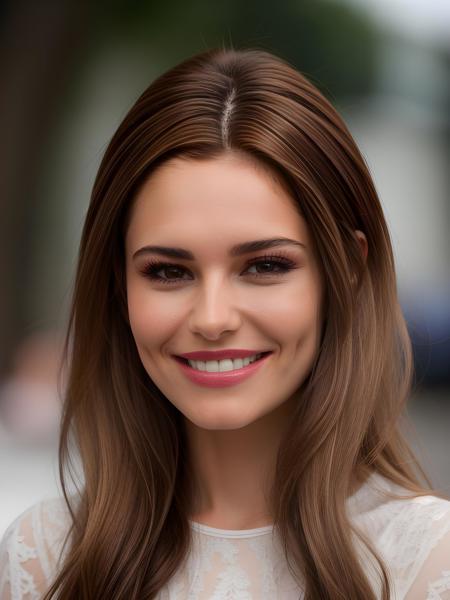 close-up portrait photo of ( Ch3rylC0l3 , (brown hair)++, smile, teeth ), (simple background)++, 8k uhd, high quality, dramatic, bokeh