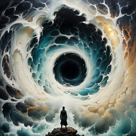 by Nicolas Delort, by Marco Mazzoni, by Antonio J. Manzanedo, a dark silhouetted figure standing in front of a white maelstrom wormhole in an otherworldly surreal dreamscape, white, ivory, breathtaking, eerie, ethereal, limited dark color palette, unusual colors, highly dramatic volumetric lighting