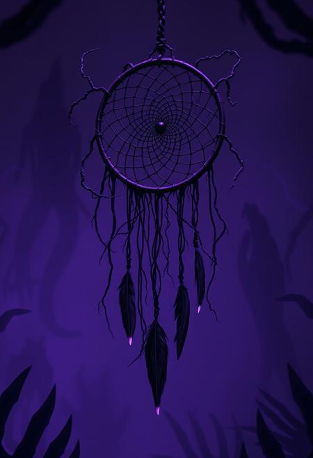 In a shadowed, eerie realm, a dreamcatcher hangs suspended in the air, its web a tangle of sinew and dark, metallic threads. The design is a grotesque fusion of organic and mechanical, with twisted, bone-like tendrils weaving through the intricate structure. Muted purples dominate the scene, casting everything in an unnatural, otherworldly light.
The dreamcatcher pulses with a malevolent energy, each thread seeming to pulse like a vein, drawing in the surrounding darkness. Feathers dangle from it, not of birds but of some twisted, otherworldly creature, their tips glinting with a faint, sickly glow. The background is a surreal landscape of jagged, alien forms and shadowy tendrils reaching out like the claws of some unseen predator.
The air is thick with an ominous presence, as if the dreamcatcher itself is alive, feeding on the nightmares it ensnares. The muted purple hues give the entire scene a dreamlike quality, yet the atmosphere is heavy with dread. The space between reality and nightmare blurs, and the dreamcatcher, a symbol of protection twisted into something sinister, looms as the centerpiece of this dark, fantastical world.