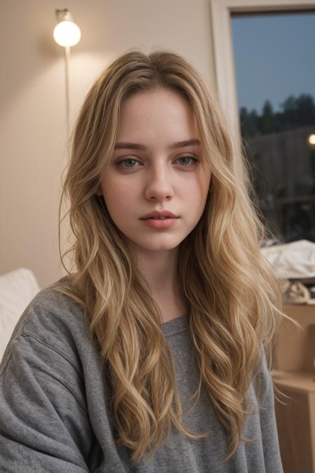 19 years old woman, blonde wavy hair, close-up, girl next door, baggy clothes, night, interior, messy hair,  <lora:hairdetailer:0.4>