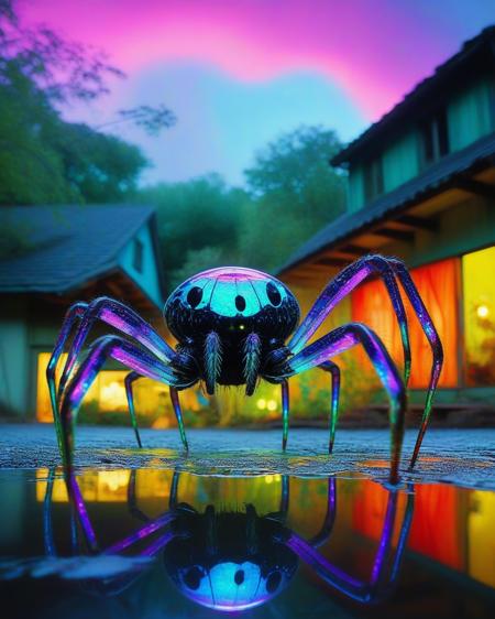 focus on alien bioengineered giant spider attacking a village, transparency:1.3, (detailed cybernetic implants fused with organic matter:0.5), water, reflections, (intensely vibrant swirling colors:1.9), glowing transparent legs, realistic photo, darkworld, <lora:add-detail-xl:1.0> ,   <lora:artialien:1> artialien , <lora:xl_more_art-full_v1:0.5>