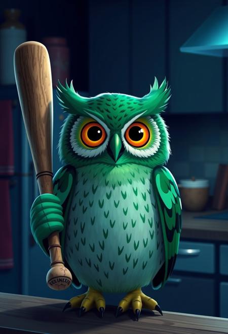 realistic Duolingo owl, green owl holding a baseball bat, night, kitchen