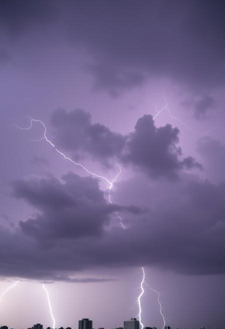 Thunderclouds with lightning cover the city