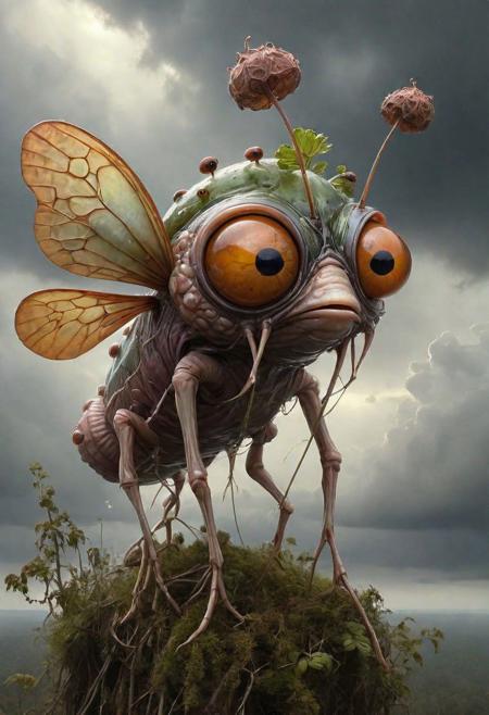 famous artwork by (brian despain:1.3) and (ben wootten:1.4) and (sandra everingham:1.1), (close shot on head) detailed expressive eyes, fantasy style, (fractal art:0.44), dramatic sky, this image shows the airborne resentful woodgrabbler, an ethereal and mysterious (invertebrate:1.2) with enormous (iridescent:1.2), worbleflanked (gas bladders:1.2), it navigates the clouds in the dense atmosphere of the (tempestuous:1.4) alien planet cloudberry with ethereal frondling grace