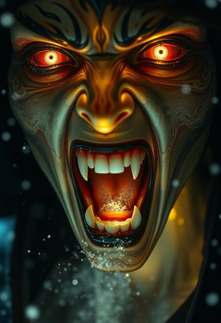 A cinematic extreme close-up of assassinmihq reimagined as a terrifying japanese witch. Her mouth is wide open in a menacing scream, revealing sharp, jagged teeth, as poison Cloud breath escapes into the eerie air. Her translucent skin glows faintly, as if made of magic, with intricate patterns glistening across her face. Her wide, glowing eyes exude both beauty and terror, contrasting with the eerie perfection of her Ethereal form. Backlighting creates a dramatic, atmospheric glow, illuminating the snowflakes swirling in the air and emphasizing the sharp edges of her charming visage. The scene is chilling, intense, and hauntingly beautiful.