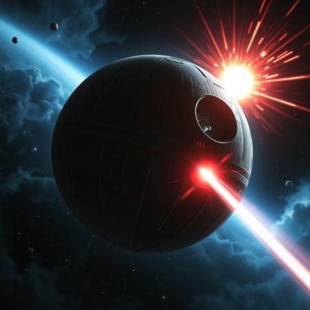 death star from star wars, high detailed, in the space, shooting with a laser, plasma explosion