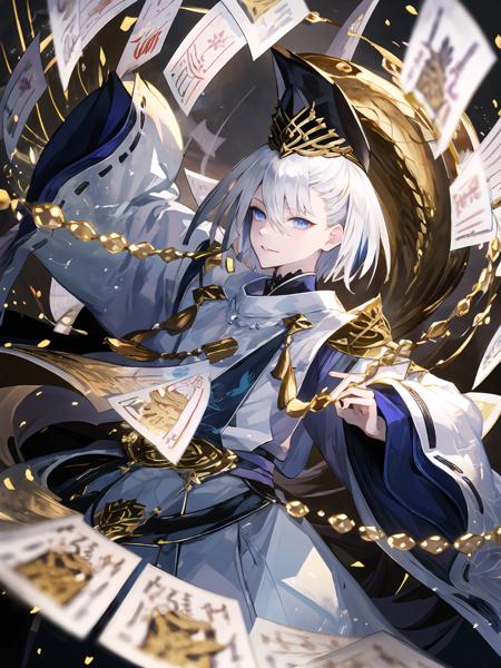 masterpiece,best quality,highres,cinematic lighting,dramatic angle,1boy,<lora:ShadowverseKuonV1-000025:0.8:lbw=jiangshi3>,white hair,short hair,blue eyes,tate eboshi,blue headwear,white dress,clothing cutout,ribbon,tassel,looking at viewer,evil smile,shaded face,parted lips,wide sleeves,kariginu,straight-on,holding,close-up,depth of field,beads,talisman,black hakama,dynamic angle,magic,ofuda,holding ofuda,casting spell,golden snake,one arm raised  over head,straight-on,shushing