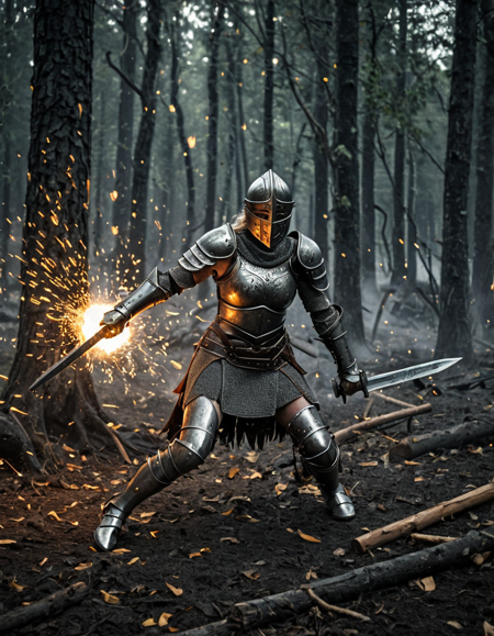 An action shot of a female knight mid-swing in battle, dust and sparks in the air, dramatic motion blur, highly detailed full body forged carbon gladiator armor armor.
Set in Viking Battlefield, Dense forest clearing with ancient trees looming overhead, fallen logs serving as impromptu barriers, war cries muffled by the thick foliage, flickering torchlight casting eerie shadows, the crunch of leaves underfoot amidst the chaos of battle.
 <lora:Forged_Carbon_SDXL:1> forged carbon texture, science fiction, medivial,