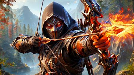 fantasy illustration style, ninja Aiming a Bow,  flaming arrow, ultra detailed, high quality, masterpiece <lora:XL_Weapon_Bow_-_By_HailoKnight:1>