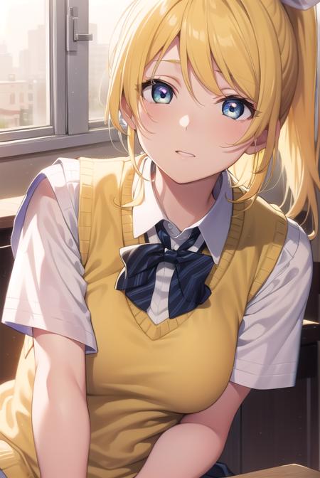 eliayase, <lora:eliayase-lora-nochekaiser:1>, 
eli ayase, yellow hair, blue eyes, ponytail, hair ribbon, 
BREAK otonokizaka school uniform, pleated skirt, school uniform, short sleeves, skirt, summer uniform, sweater vest, (yellow sweater vest:1.5),
BREAK looking at viewer,
BREAK indoors, classroom, 
BREAK <lyco:GoodHands-beta2:1>, (masterpiece:1.2), best quality, high resolution, unity 8k wallpaper, (illustration:0.8), (beautiful detailed eyes:1.6), extremely detailed face, perfect lighting, extremely detailed CG, (perfect hands, perfect anatomy),