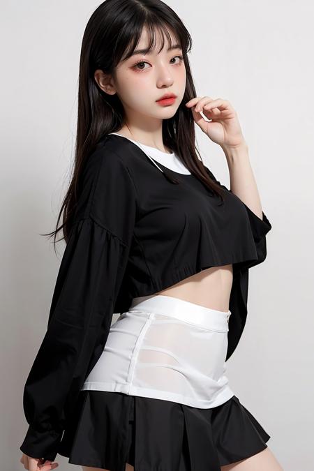 1girl,hair with bangs,black blouse and black skirt, ,white background,  <lora:bllncp-02:1>