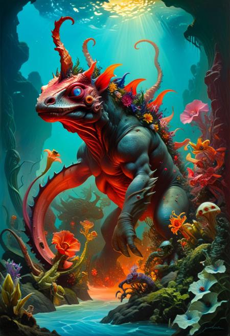 theW3iRDi3Sv2, xuer film still, illustrious, a Weird creature in abyssal zone, creature, Amidst a dreamscape of colors, a mesmerizing tropical garden enchants, its vibrant flower plants are a feast for the eyes, intricate details, ultra sharp, fantasy art concept, fantastical fairy tale, whimsical surroundings, (in the style of Frank Frazetta painting) Dean Cornwell, volumetric lighting, expressive, warm colors, extreme energy, dynamic posing, Dutch angle, black, Crimson,