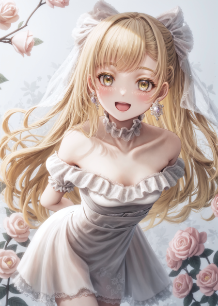 1girl, (leaning forward:1.4), (arms behind back:1.1), (facing viewer:1.3),   dress, solo, yellow hair, flower, long hair, yellow eyes, earrings, smile, closed mouth, white flower, white rose, rose, bangs, white dress, off-shoulder dress, wrist cuffs, brooch, hair bow, blush, bow, :d, off shoulder, frills, gem, hair ornament, hands up, very long hair, collarbone, frilled dress, floral background,  <lyco:Yuu-sv_fro-0.85-16:1.0>